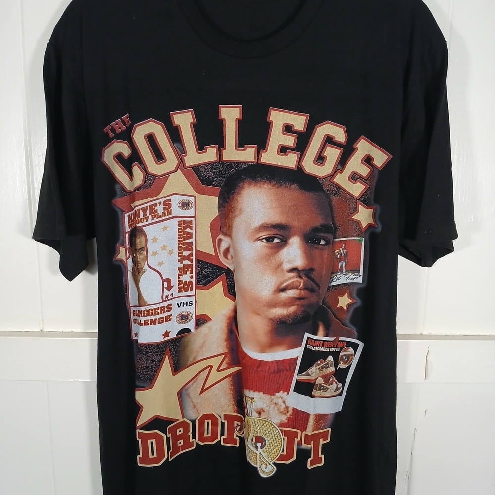 Kanye West The College Dropout Graphic T-Shirt Black Double Sided Rap Tee Small‎